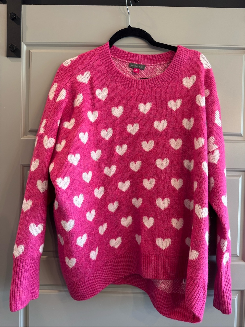 Vince Camuto Hot Pink Crewneck Sweater with White Heart Print
